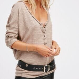 FREE PEOPLE WE THE FREE BEACH HAVEN OLIVE GREEN BEIGE STRIPED HENLEY TEE TOP